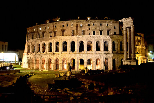 Marcello theater (teatro Marcello) at night - Rome, Lazio, Italy, Europe