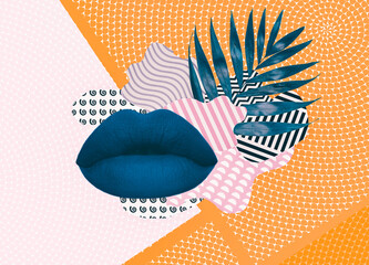 Modern art collage of woman lips head and floral designes.