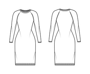 Crew neck dress Sweater technical fashion illustration with long raglan sleeves, slim fit, knee length, knit rib trim. Flat jumper apparel front, back, white color style. Women, men unisex CAD mockup