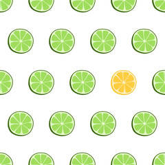 Hand drawn seamless pattern with circle sliced lime. Surface design. Fabric print texture with eye catching element - yellow slice of lemon