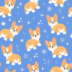 Kawaii corgi, little cute pet dog with smiling face and cute butt. Doggy seamless pattern on blue background with magic stars decoration. Hand drawn trendy modern illustration in flat cartoon style