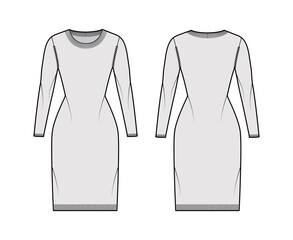 Dress Round neck Sweater technical fashion illustration with long sleeves, fitted body, knee length, knit rib trim. Flat jumper apparel front, back, grey color style. Women men unisex CAD mockup