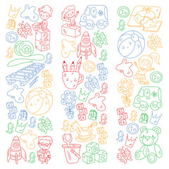 Kindergarten pattern with little children and toys. Creativity and imagination.