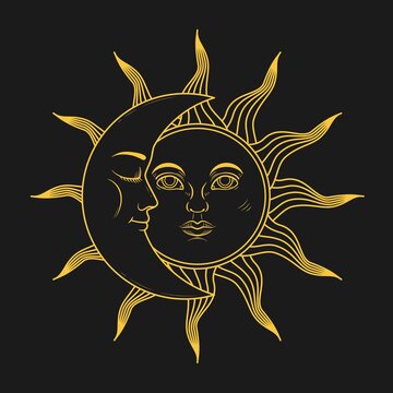 The mystical symbols - moon and sun with faces in retro style. Vector illustration