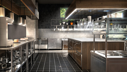 Restaurant kitchen interior with equipment. 3d illustration - 428953715