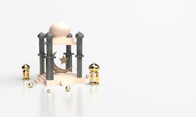 Islamic ramadan greeting background with tower mosque, with empty space for tex. 3d Rendering Illustration