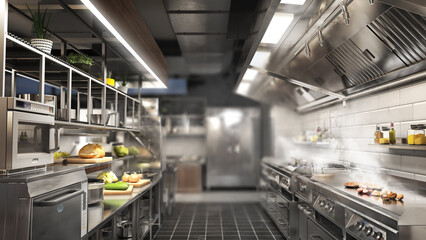 Restaurant kitchen interior with equipment. 3d illustration