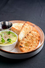 Toasted bread with pate and jam. Delicious sandwich with meat pate and fruit jam.