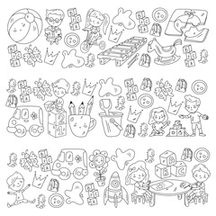 Kindergarten pattern with little children and toys. Creativity and imagination.