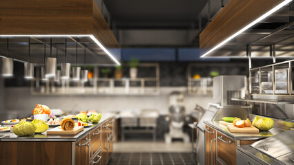 Restaurant kitchen interior with equipment. 3d illustration