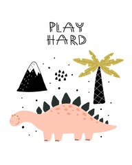 Play hard. cartoon dinosaur, hand drawing lettering, décor elements. colorful vector illustration for kids, flat style. baby design for cards, print, posters, logo, cover