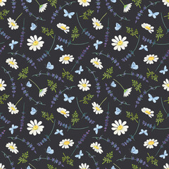 White daisy seamless pattern. Watercolor Butterfly lavender background