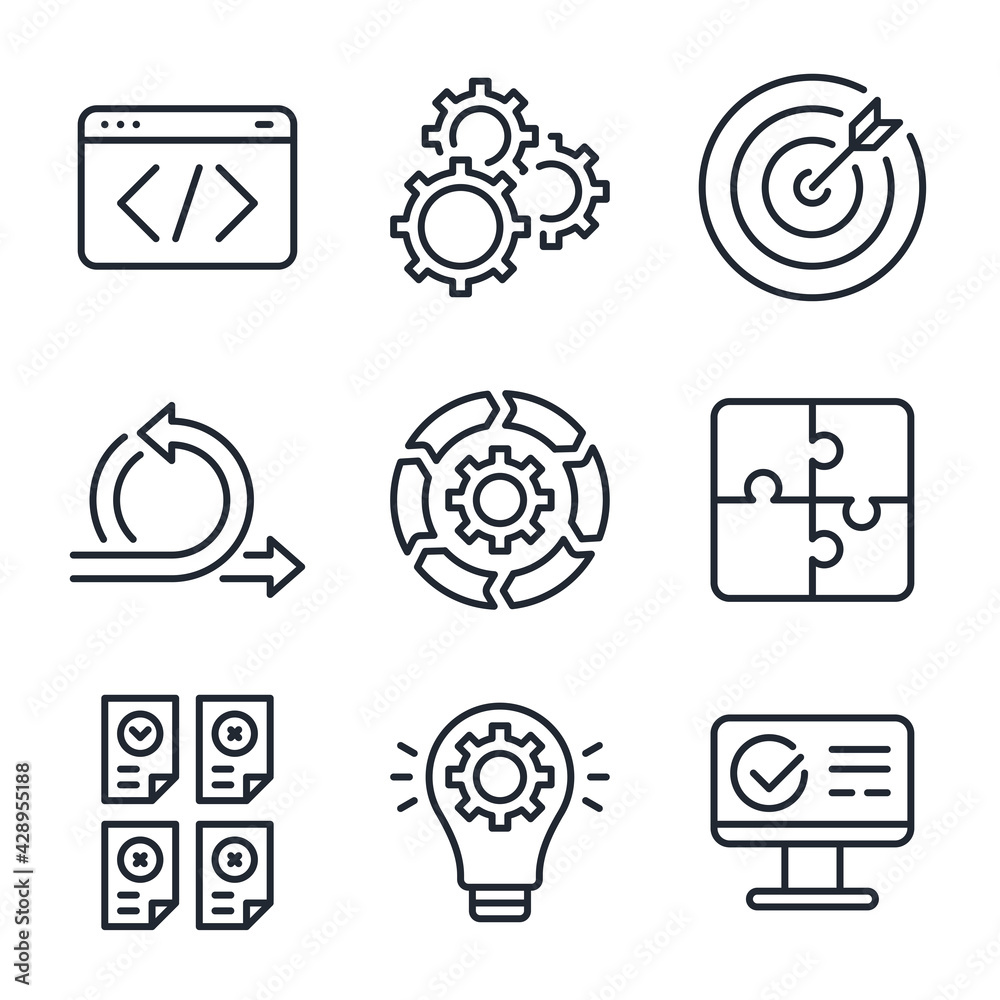 Wall mural scrum and agile software methodology related editable stroke outline icons set isolated on white bac