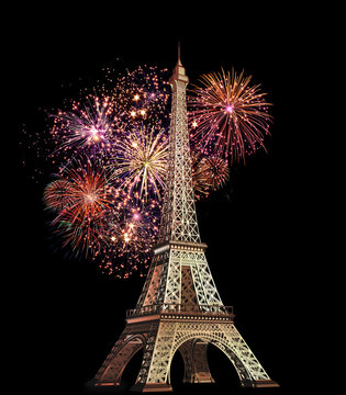 Representation of Eiffel Tower, symbol of Paris, isolated on dark background with fireworks. 3D rendered illustration