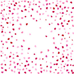 Fototapeta na wymiar Heart Background. St Valentine Day Card with Classical Hearts. Red Pink Empty Vintage Confetti Template. Exploding Like Sign. Vector Template for Mother's Day Card. 8 March Banner with Flat Heart.