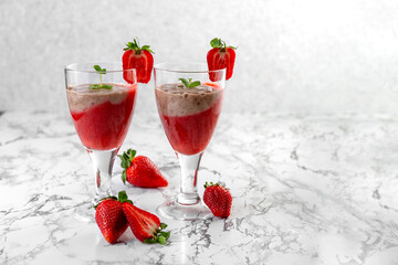 Strawberry and Strawberry Smoothie. Strawberry dessert. Light gray background. Place for your text.