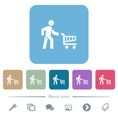 Shopping person with cart flat icons on color rounded square backgrounds