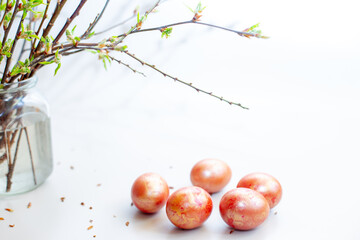 Five eggs on a white table. Easter light still life with spring twigs with delicate greens