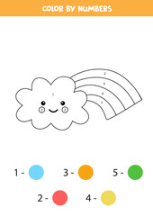 Color cute cartoon rainbow cloud by numbers. Worksheet for kids.
