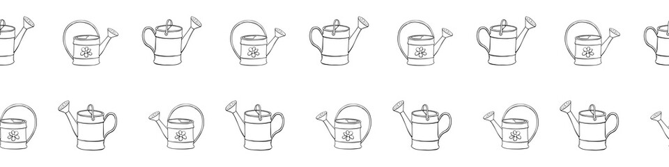 Seamless pattern with watering cans. Hand drawn outline vector background and texture in doodle style, isolated. Gardening tools for working in the garden, on the farm, in the dacha, country site