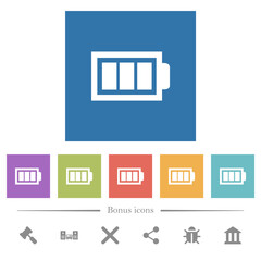 Full battery with three load units flat white icons in square backgrounds