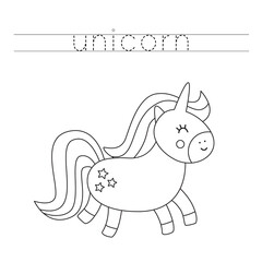 Tracing letters with cute unicorn. Writing practice for kids.