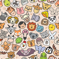 Vector cute animals seamless texture. Pattern of the faces of various mammals and birds. Print fabric vector pattern with pop art patches for print, party, children's room.