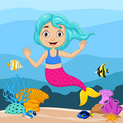 Obraz na płótnie Canvas Cartoon little mermaid in the underwater world