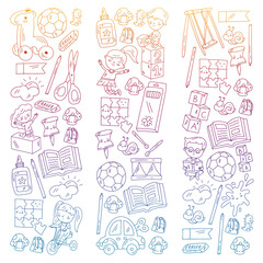 Kindergarten pattern with little children and toys. Creativity and imagination.