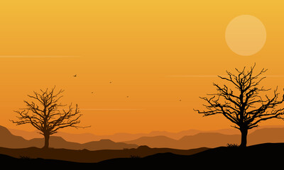 A warm afternoon with realistic mountain views and dry tree silhouettes. Vector illustration
