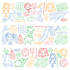 Fototapeta premium Kindergarten pattern with little children and toys. Creativity and imagination.