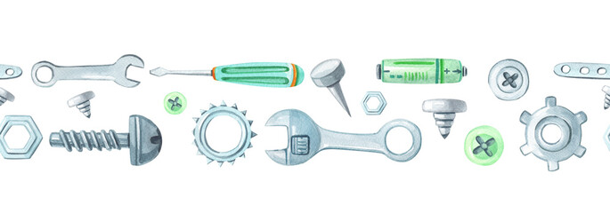 Watercolor set of metal tools.Working equipment.Screwdriver, wrench, bolt, screw,nail on on a white background.