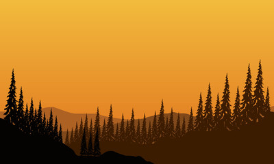 Illustration of mountain scenery with forest at dusk from the edge of the city. Vector illustration