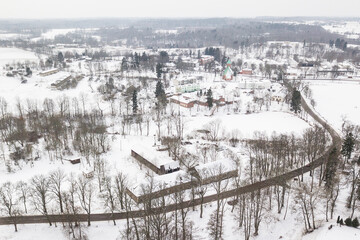 Aerial view of Edole village in winter day, Latvia. 