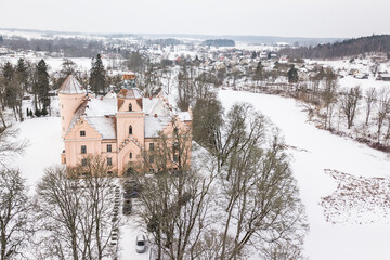 Aerial view of Edole castle in winter day, Latvia. 