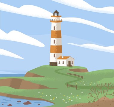 Landscape with lighthouse tower on sea coast. Light house or beacon on seashore. Coastal nautical building. concept of peace, loneliness and solitude. Colored flat graphic vector illustration