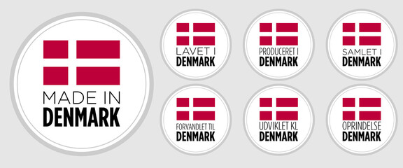 set of badge logotype Made in Denmark, Lavet i Denmark, on white round background, symbol logo for packaging design