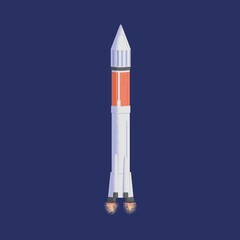 Isolated rocket flying in space. Futuristic intergalactic rocketship in cosmos. Flight of cosmic shuttle or spaceship. Spaceflight of spacecraft. Colored flat vector illustration