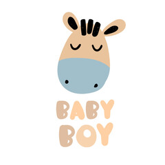 Naklejka premium Cute zebra face with the caption baby boy. Vector clip art on an isolated background. Print for children's clothing and the poster in a modern style for a boy