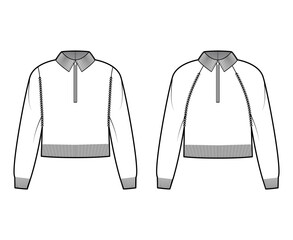 Set of Zip-up Sweaters cropped technical fashion illustration with rib henley neck, classic collar, long raglan sleeves, oversized, knit trim. Flat apparel front, white color. Women, unisex CAD mockup