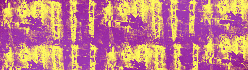 Fototapeta premium Abstract grunge yellow purple painted brush painted concrete stone paper wallpaper texture background banner panorama ( complementary colors )