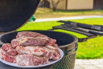 Raw meat in a plate, cut into pieces, seasoned and ready to grill, outdoors, against the backdrop of a ceramic barbecue grill called kamado or musikamado, a Japanese stove. Close-up