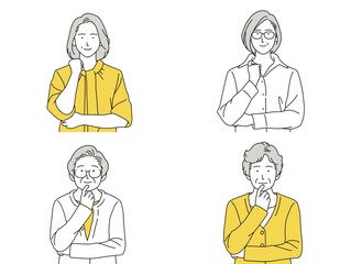 人物 イラスト 女性 セット 正面 考える シニア