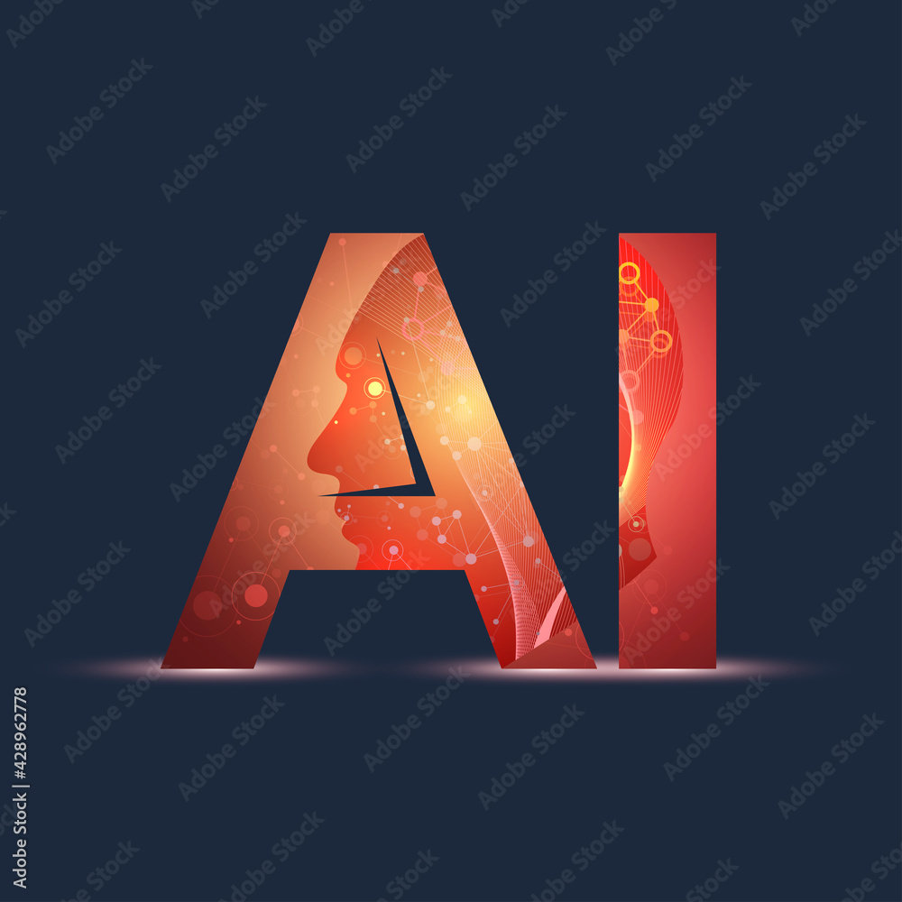 Poster artificial intelligence and machine learning illustration concept. human head outline with brain, il