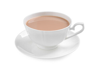 Delicious tea with milk on white background