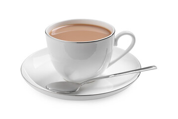 Delicious tea with milk on white background