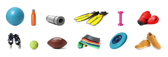 Set with different sports tools on white background. Banner design