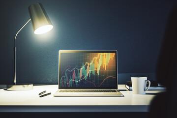 Abstract creative financial graph on modern laptop monitor, forex and investment concept. 3D Rendering