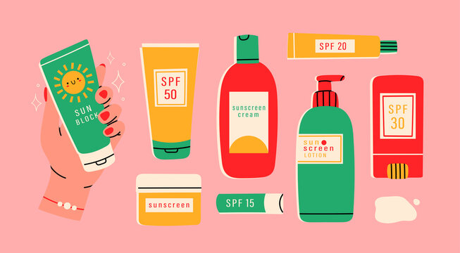 Sunscreen Moisturizer, Lotion, lipstick, sunscreen, various bottles, spray and tubes. Sunblock, skin protection and UV rays blocking concept. Hand drawn Vector illustrations. All elements are isolated