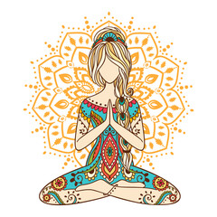 Yoga Girl. Ornamental feminine Vector illustration. Medallion yoga lotus pose india arabic style.